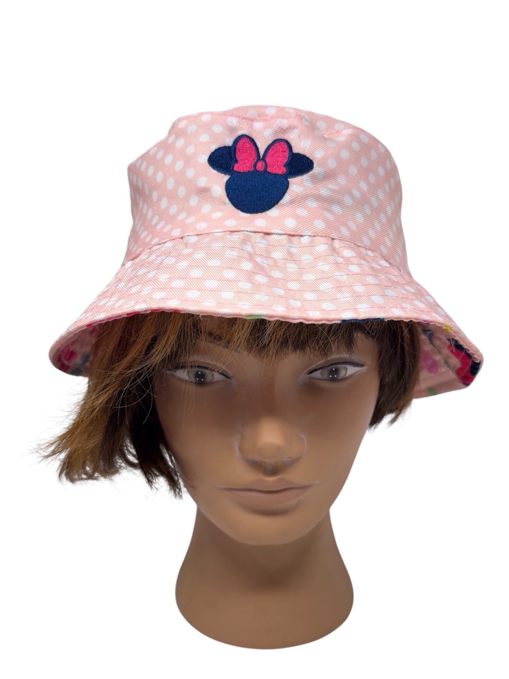 Disney Junior Minnie Mouse pink white polka dot embroidered Bucket Hat OSFM EUC